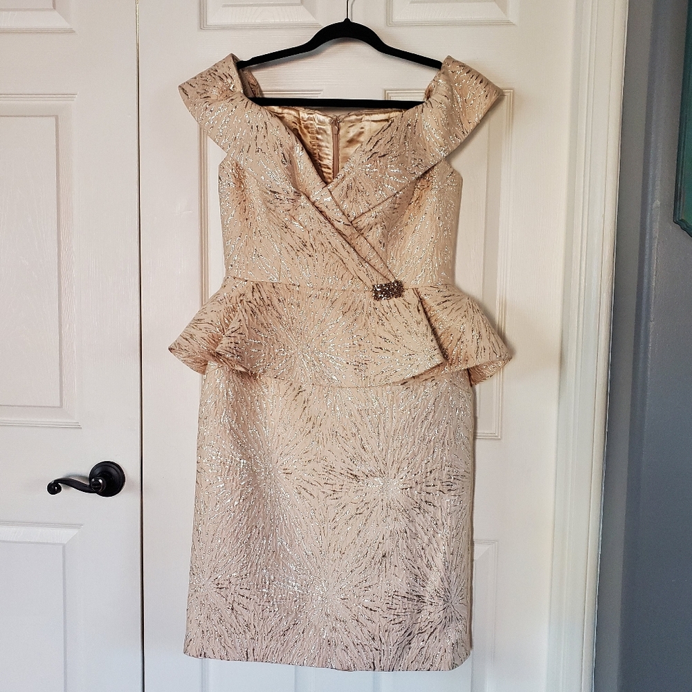 Jovani Cream Shimmering Midi Dress Off-the-shoulders Cream Elegant Evening Sz 12